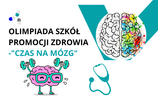 Napis Olimpiada Szkół Promocji Zdrowia pod hasłem „Czas na mózg” oraz zdjęcia mózgu